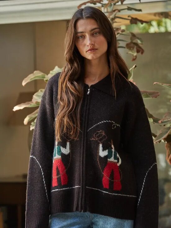 By Together Sweaters - Knit Sweater Print Zip-Up Collar Neck Long Sleeve NEW